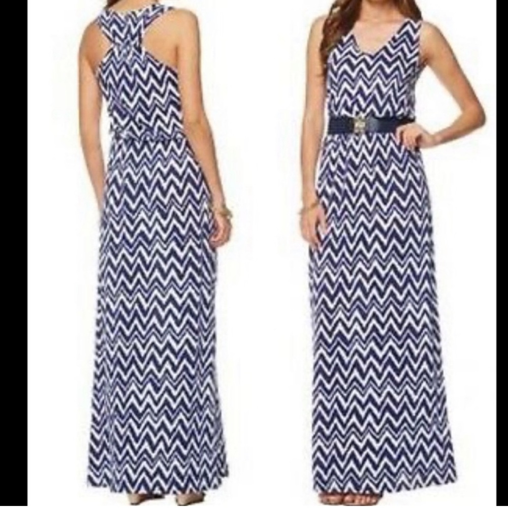 Lilly Pulitzer Blue & White Chevron Print Pima Cotton Racerback Maxi Dre…